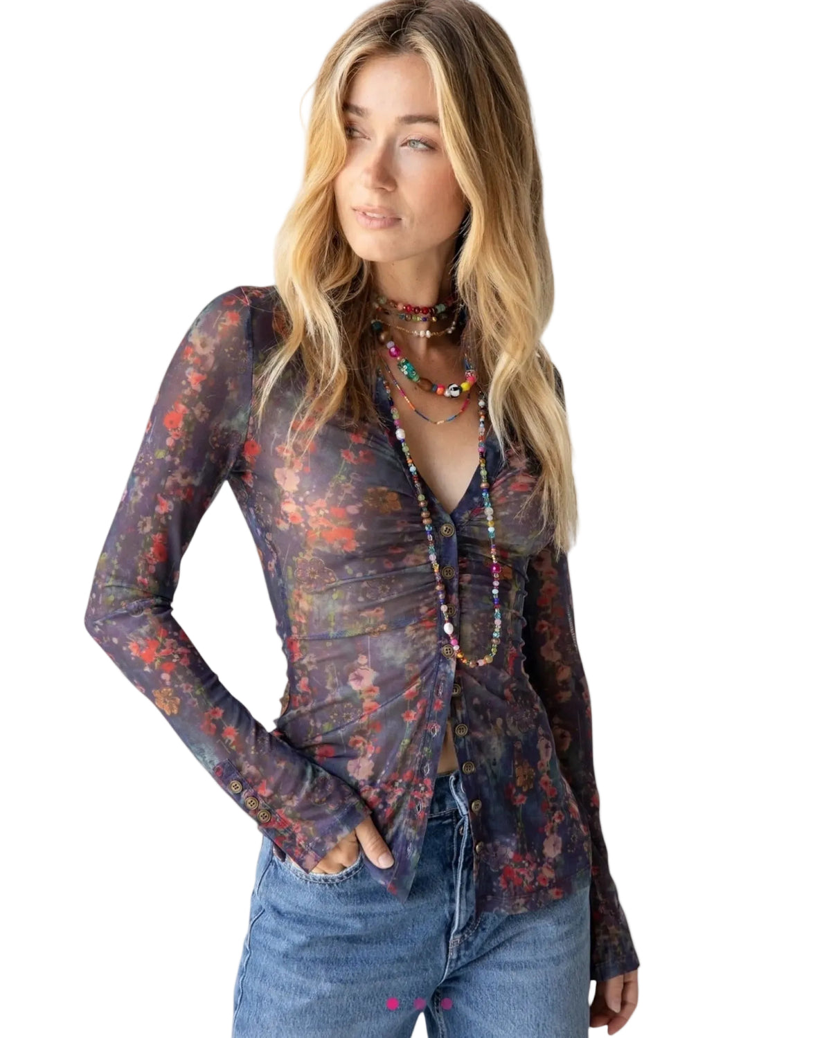 Midnight Garden Floral Ruched Button-Front Blouse