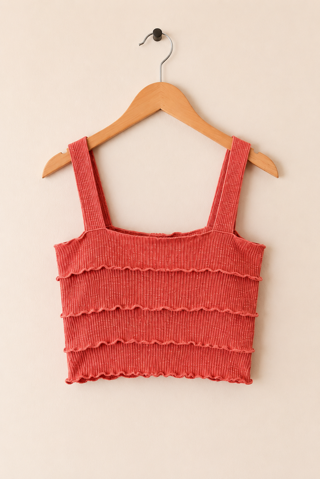Coral Ribbed Ruffle Crop Top
