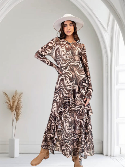 EUKALYPTO Mocha Mirage long sleeve maxi dress with abstract marble print in brown and beige tones.
