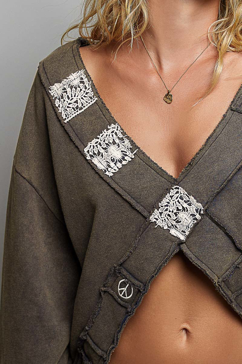Peace & Lace Cropped Hoodie | Oversized Boho Layer