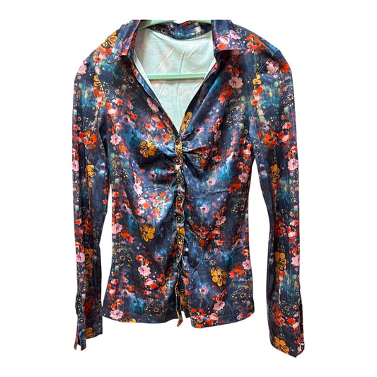 Midnight Garden Floral Ruched Button-Front Blouse