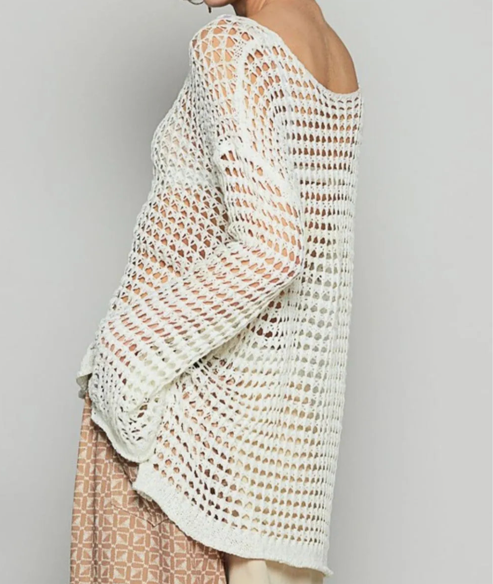 SIDE SLIT OPENWORK LONG SLEEVE KANIT COVER UP