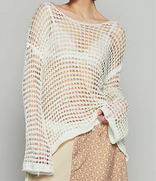 SIDE SLIT OPENWORK LONG SLEEVE KANIT COVER UP