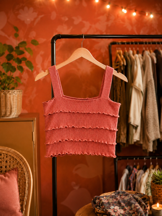 Coral Ribbed Ruffle Crop Top
