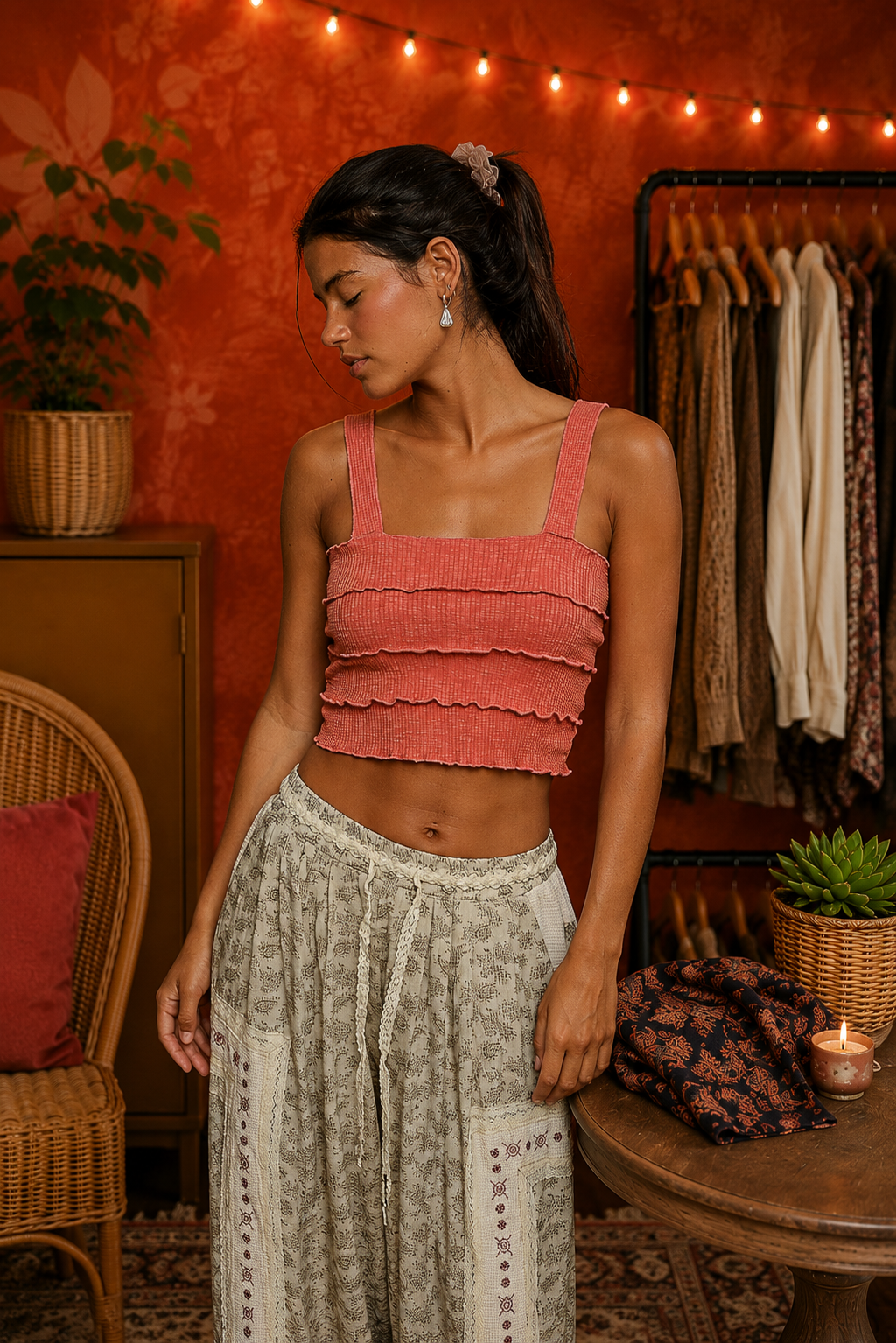 Coral Ribbed Ruffle Crop Top