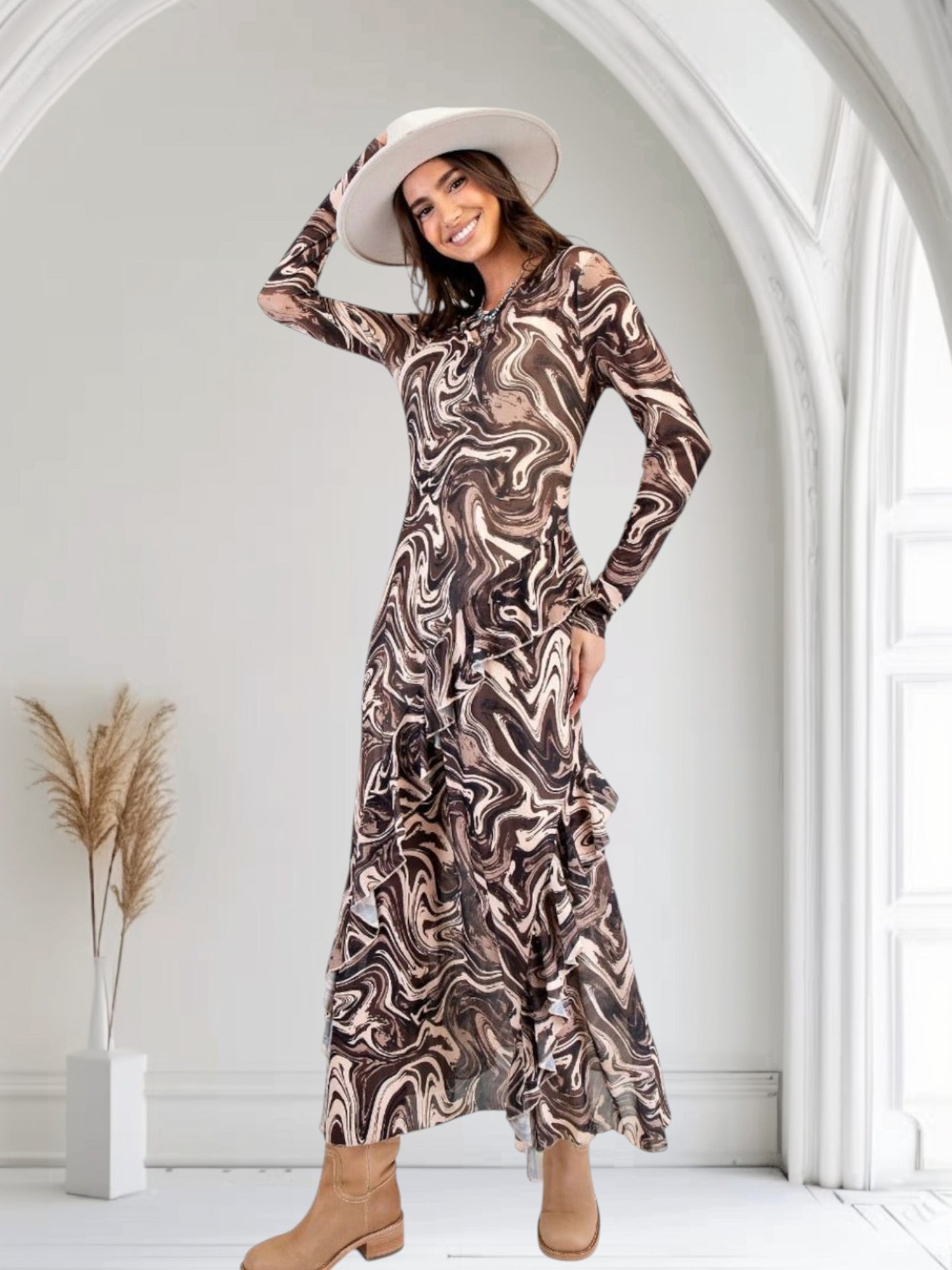 EUKALYPTO Mocha Mirage long sleeve dress with marble print in brown and beige, flowy silhouette, ankle length.