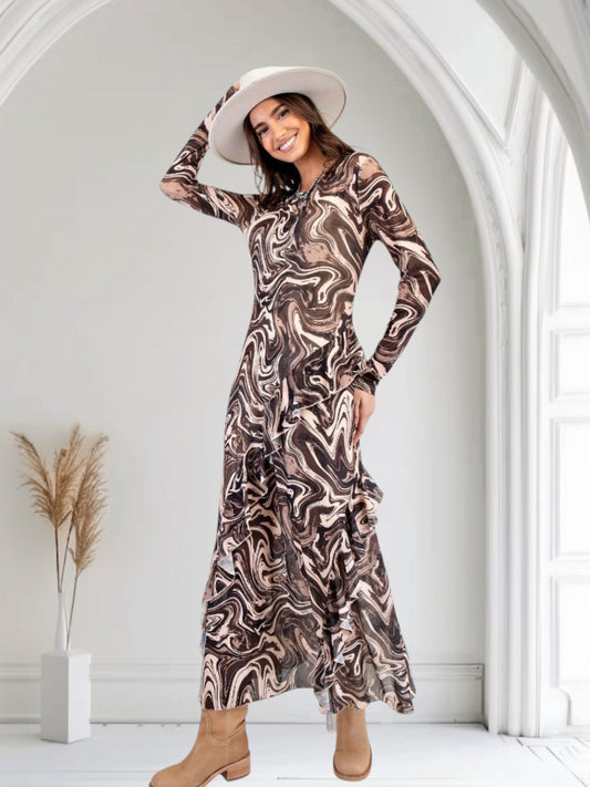 EUKALYPTO Mocha Mirage long sleeve dress with marble print in brown and beige, flowy silhouette, ankle length.
