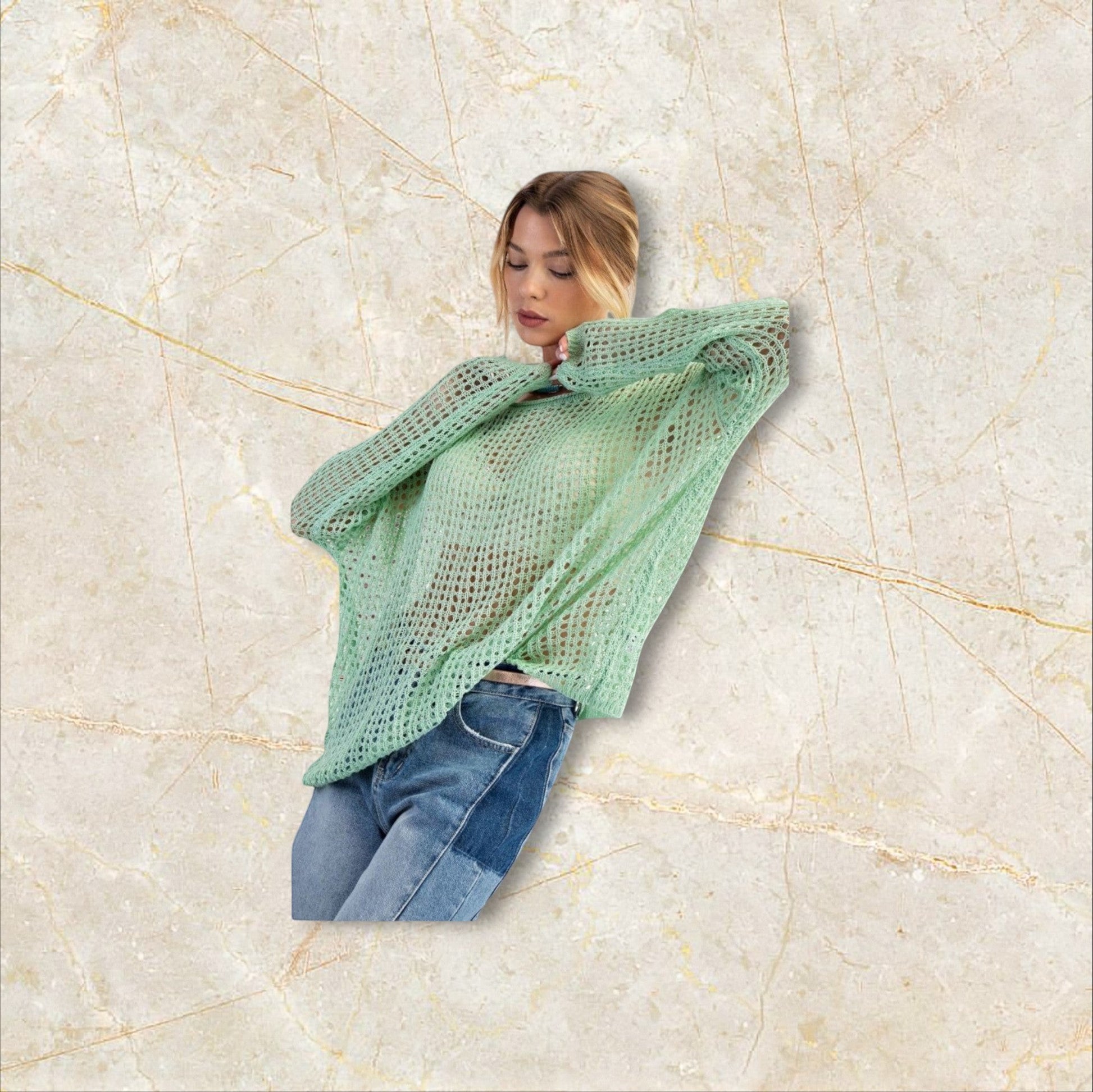 EUKALYPTO Sage Drift Sweater: light green, see-through, open-knit acrylic sweater with a rounded neckline and dropped shoulders.